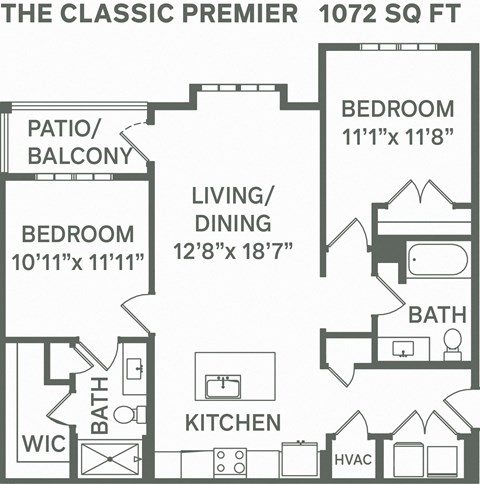 Floor plan for 2 beds, 2 baths, 1072 sqft